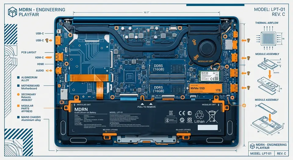Laptop Interior with replaceable RAM and SSD