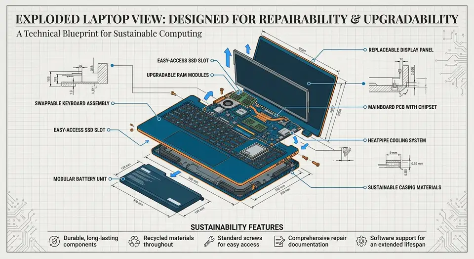 Exploded Laptop View showing internal modular components